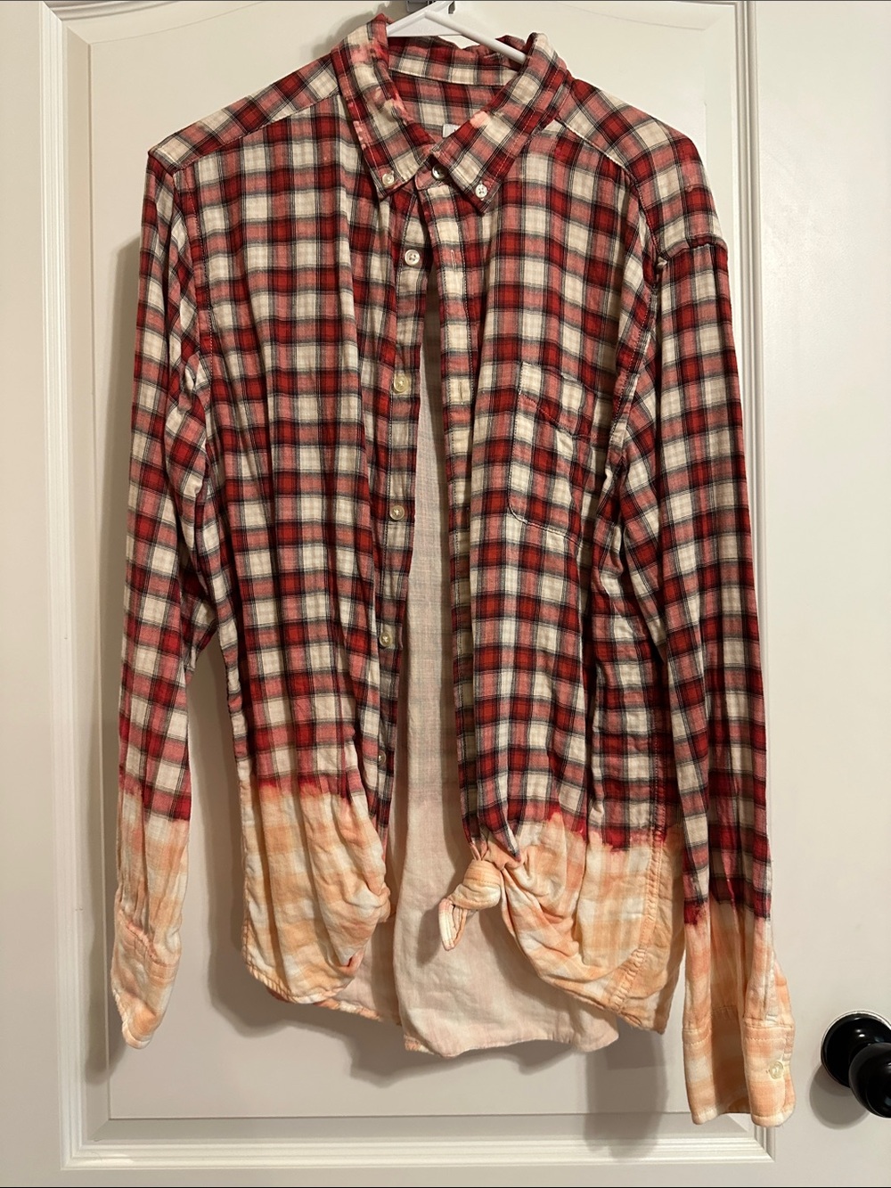 Women's Red Plaid Button-Down Shirt with Dip-Dye Hem